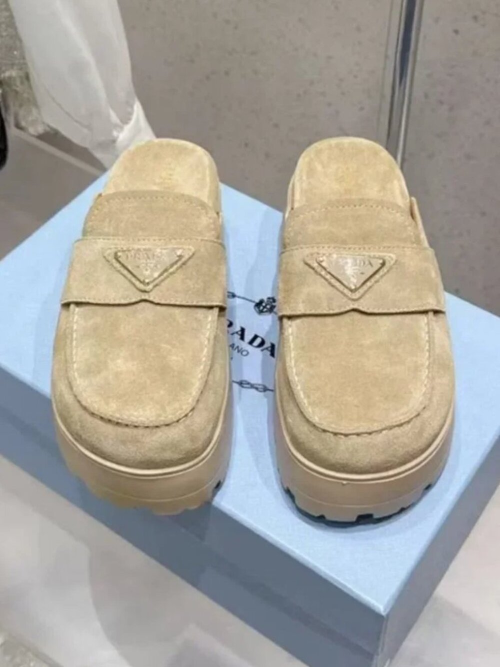 Prada Beige Suede Triangle Logo Platform Mule Slides